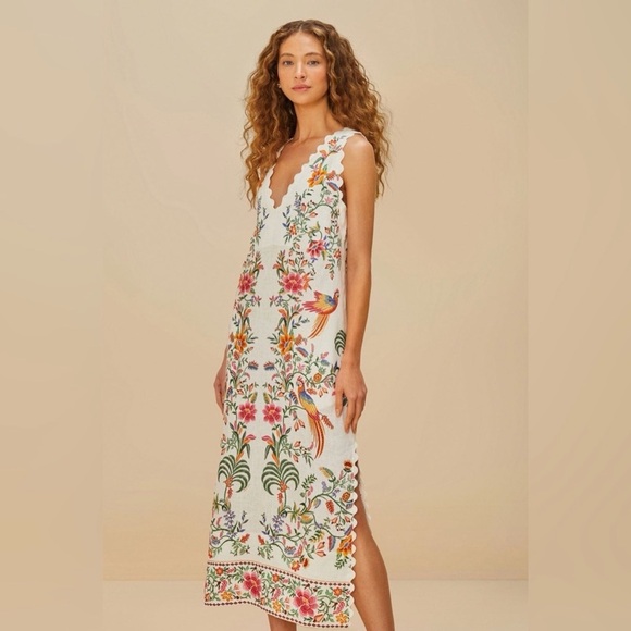 Farm Rio Off-White Delicate Forest Euroflax™ Premium Linen Maxi Dress - Picture 2 of 7